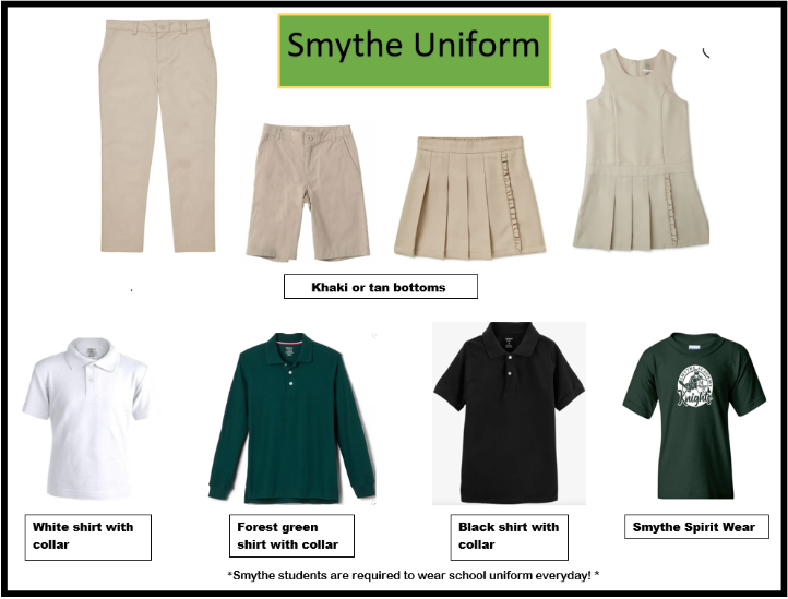 Smythe Uniform guide showing khaki/tan bottoms (pants, shorts, skirt, jumper dress) and collared shirts in white, forest green, and black, plus Smythe Spirit Wear t-shirt. Required everyday.